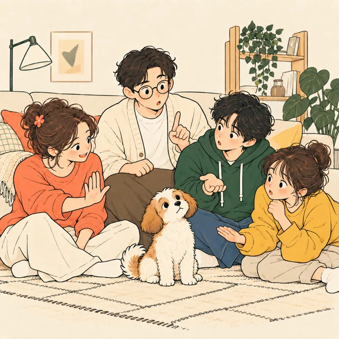 가족과 강아지가 서로 다른 말을 하는 일러스트