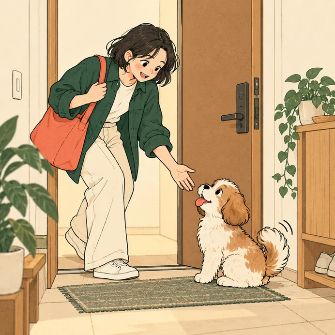 혼자 있는 강아지의 하루를 살피는 일러스트