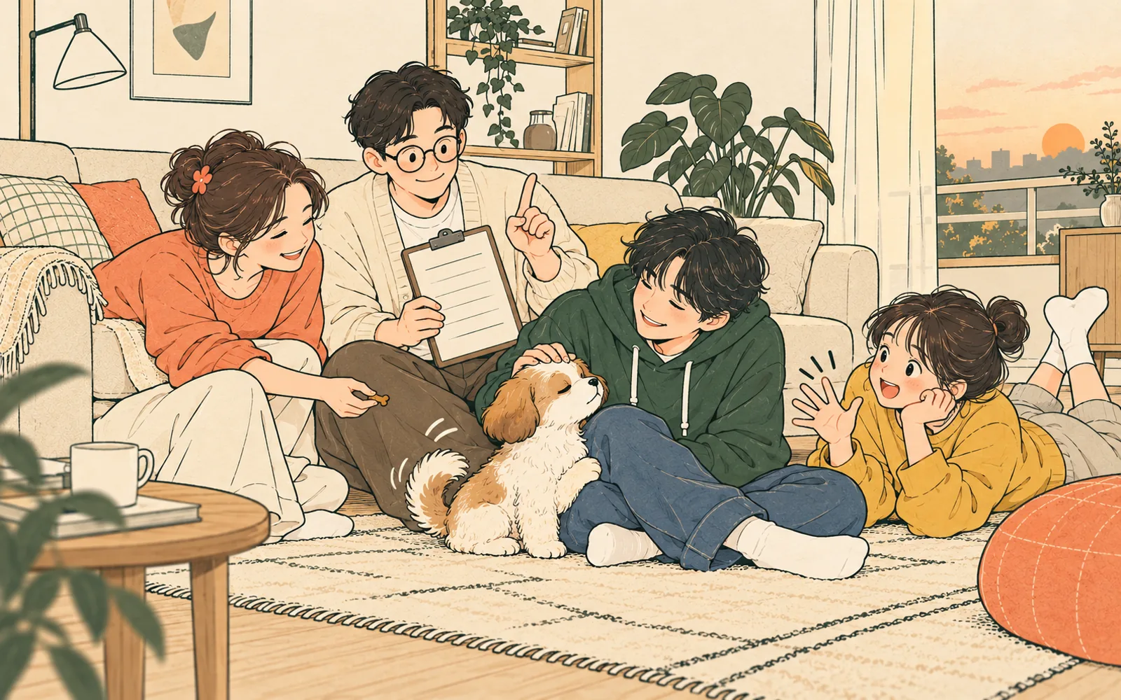 가족들과 강아지 일러스트